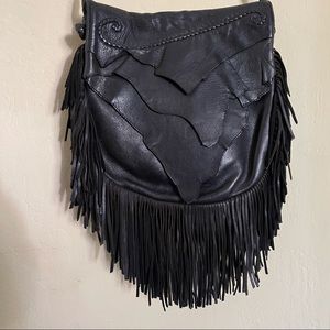 Vintage Black Leather 80s Eighties Fringe Boho Gypsy Purse Handbag Bag